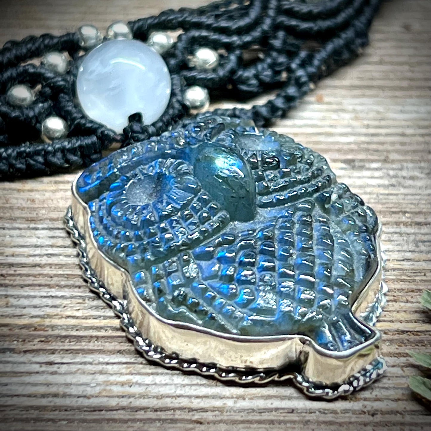 Owl Labradorite Necklace Macrame Necklace set in Sterling Silver Owl Pendant