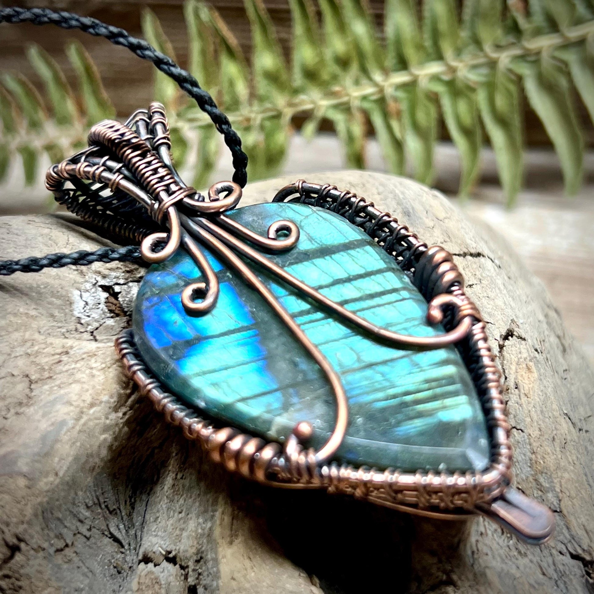 Labradorite Wire Wrap Pendant Flashy Blue Natural Gemstone