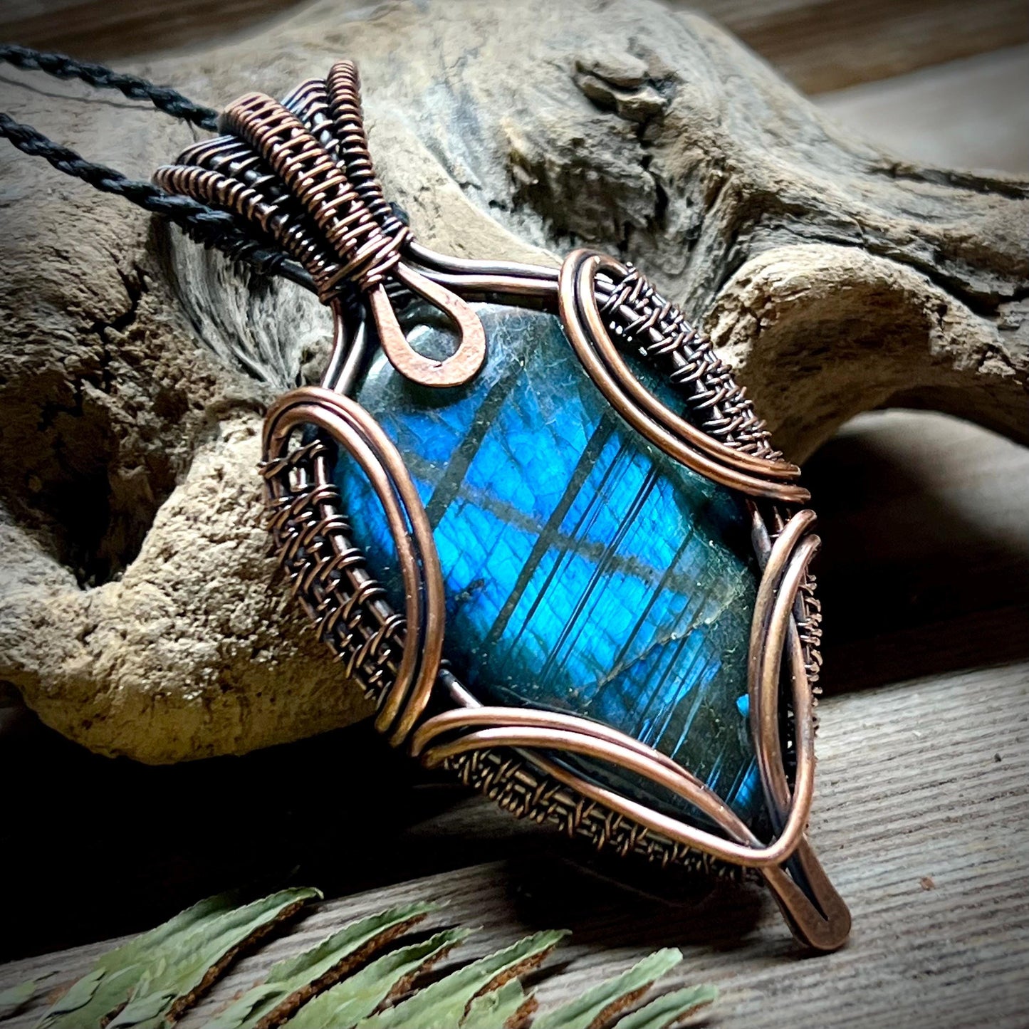 Labradorite Wire Wrap Pendant Flashy Blue Natural Gemstone