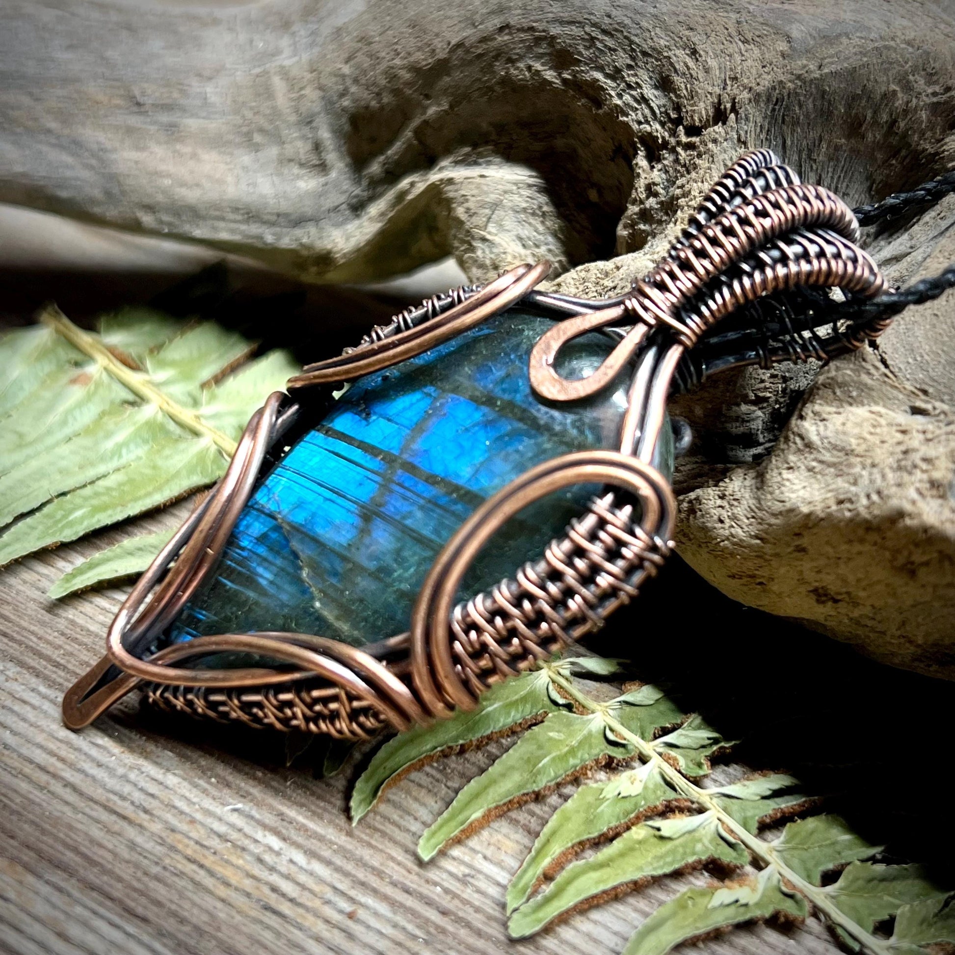 Labradorite Wire Wrap Pendant Flashy Blue Natural Gemstone
