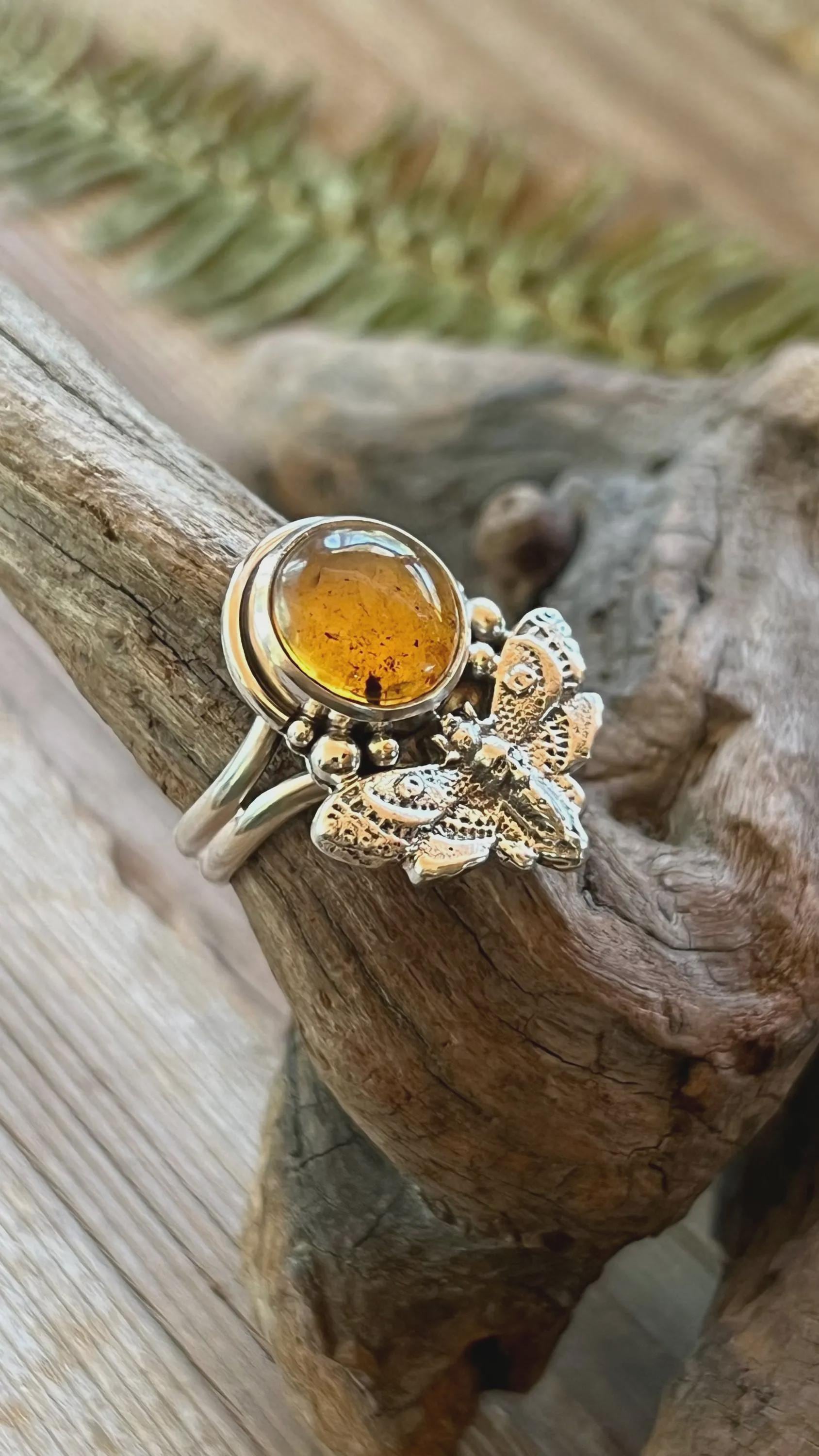 Hawk Moth Amber Sterling Silver Ring Size 7