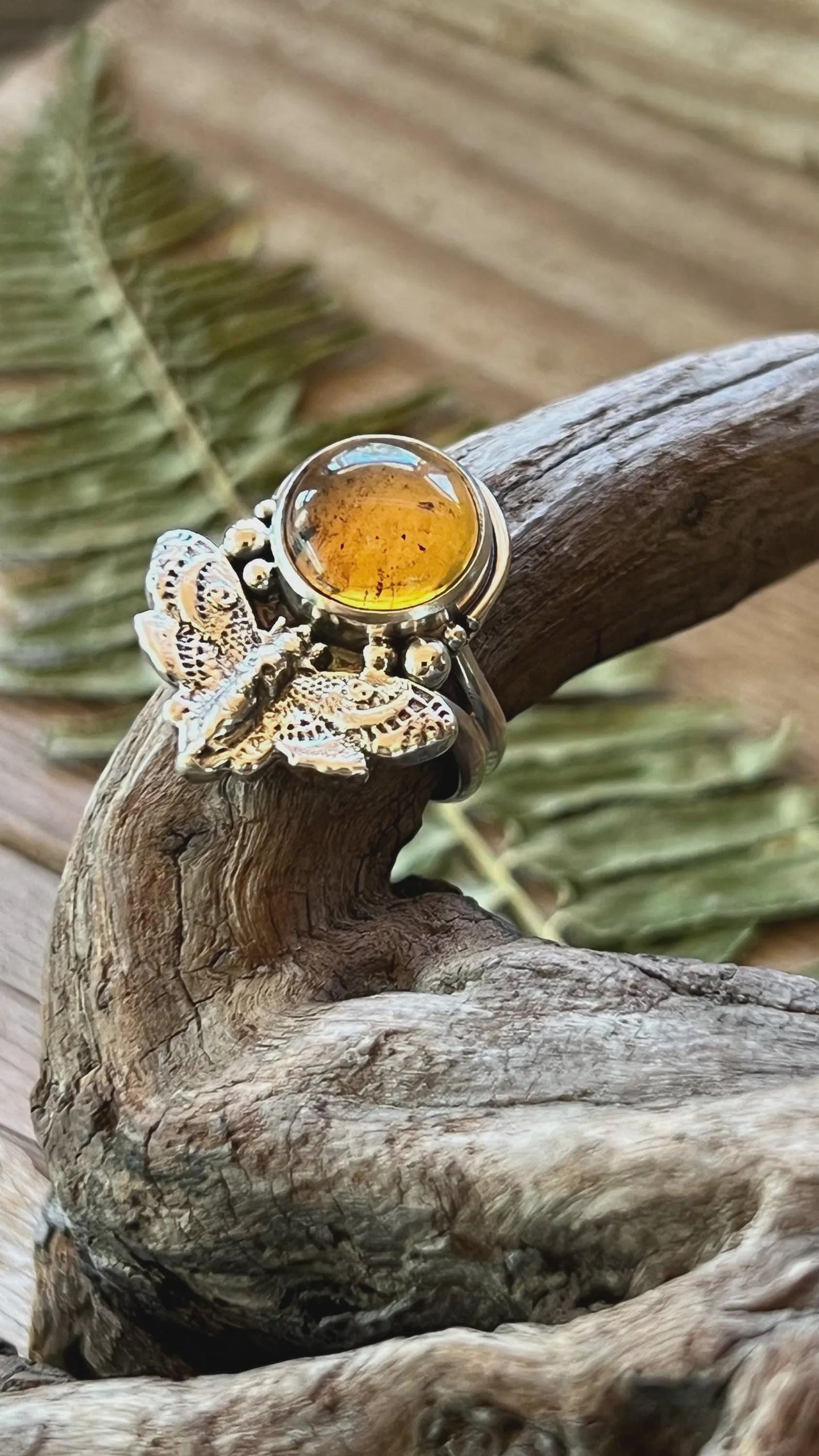 Hawk Moth Amber Sterling Silver Ring Size 7