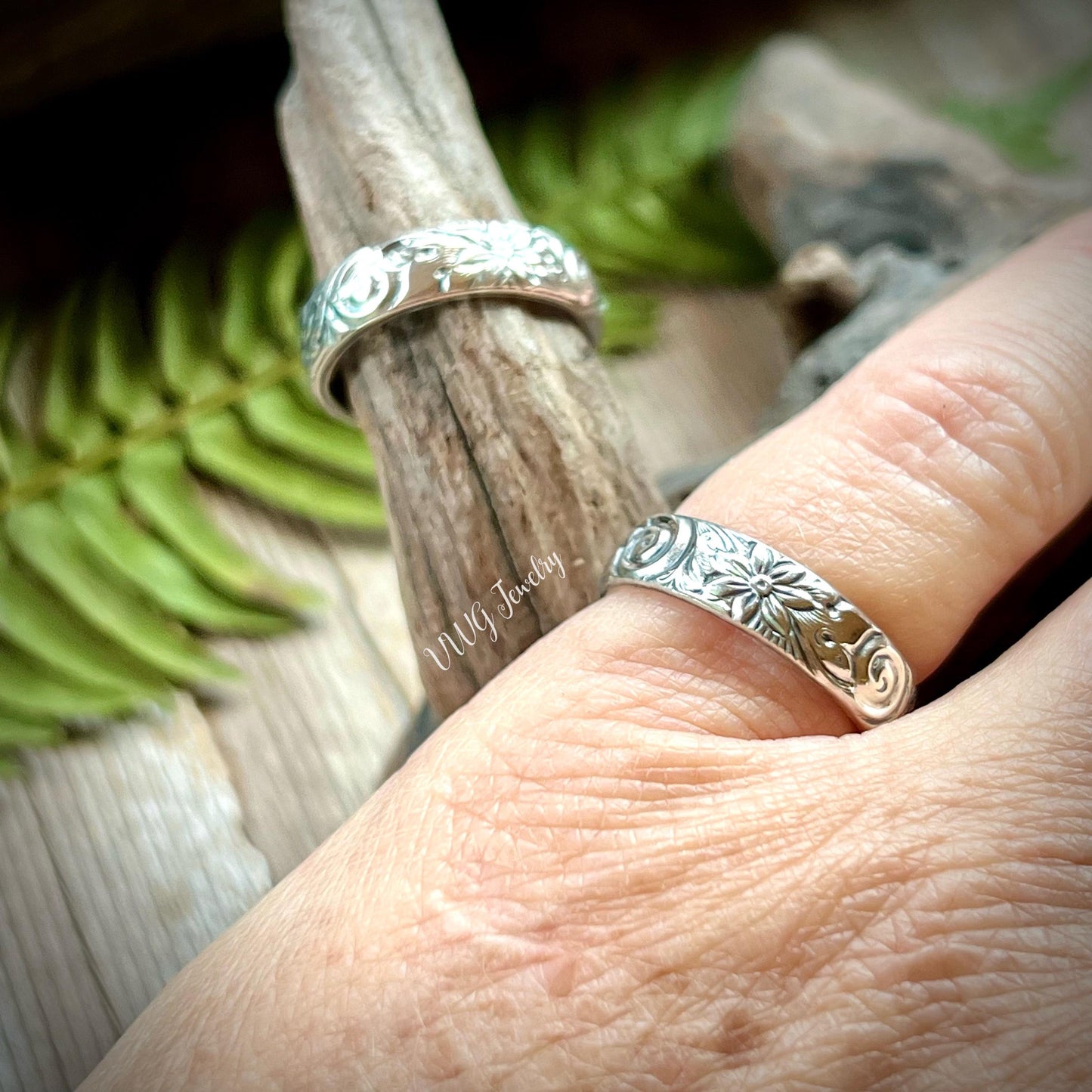 Floral Swirl Ring Band Sterling Silver 925 Botanical Nature Inspired Stacking