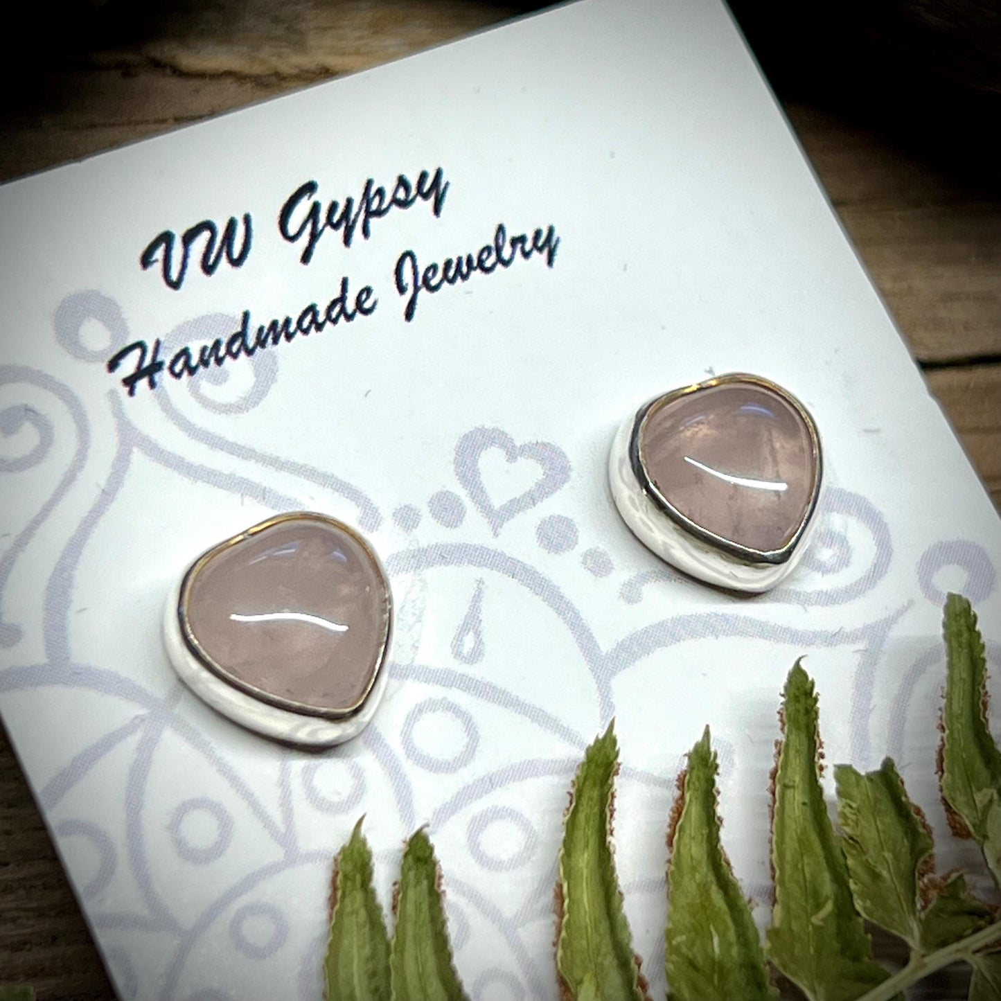 Rose Quartz Heart Stud Earrings Handmade Sterling Silver 925 Natural Pink Gemstone