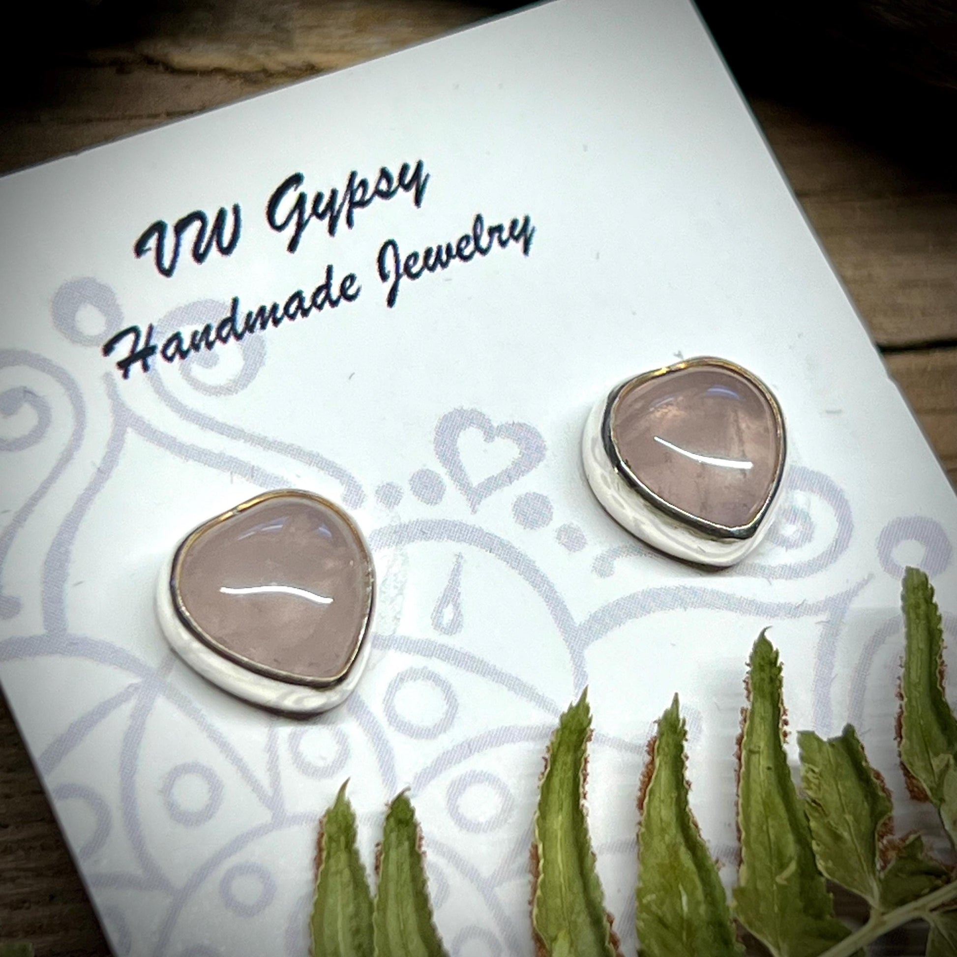 Rose Quartz Heart Stud Earrings Handmade Sterling Silver 925 Natural Pink Gemstone