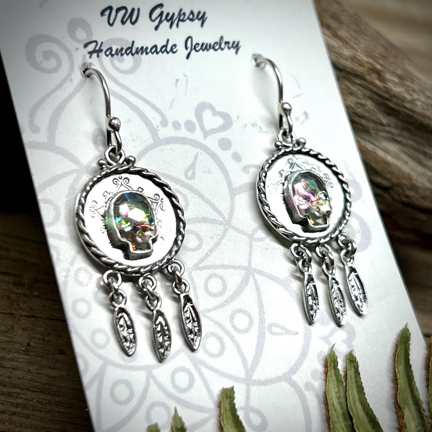 Dream Catcher Swarovski Crystal Skull Earrings Sterling Silver