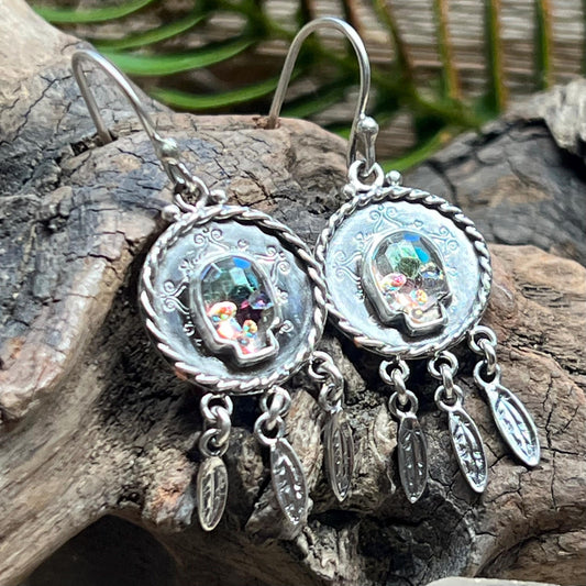 Dream Catcher Swarovski Crystal Skull Earrings Sterling Silver