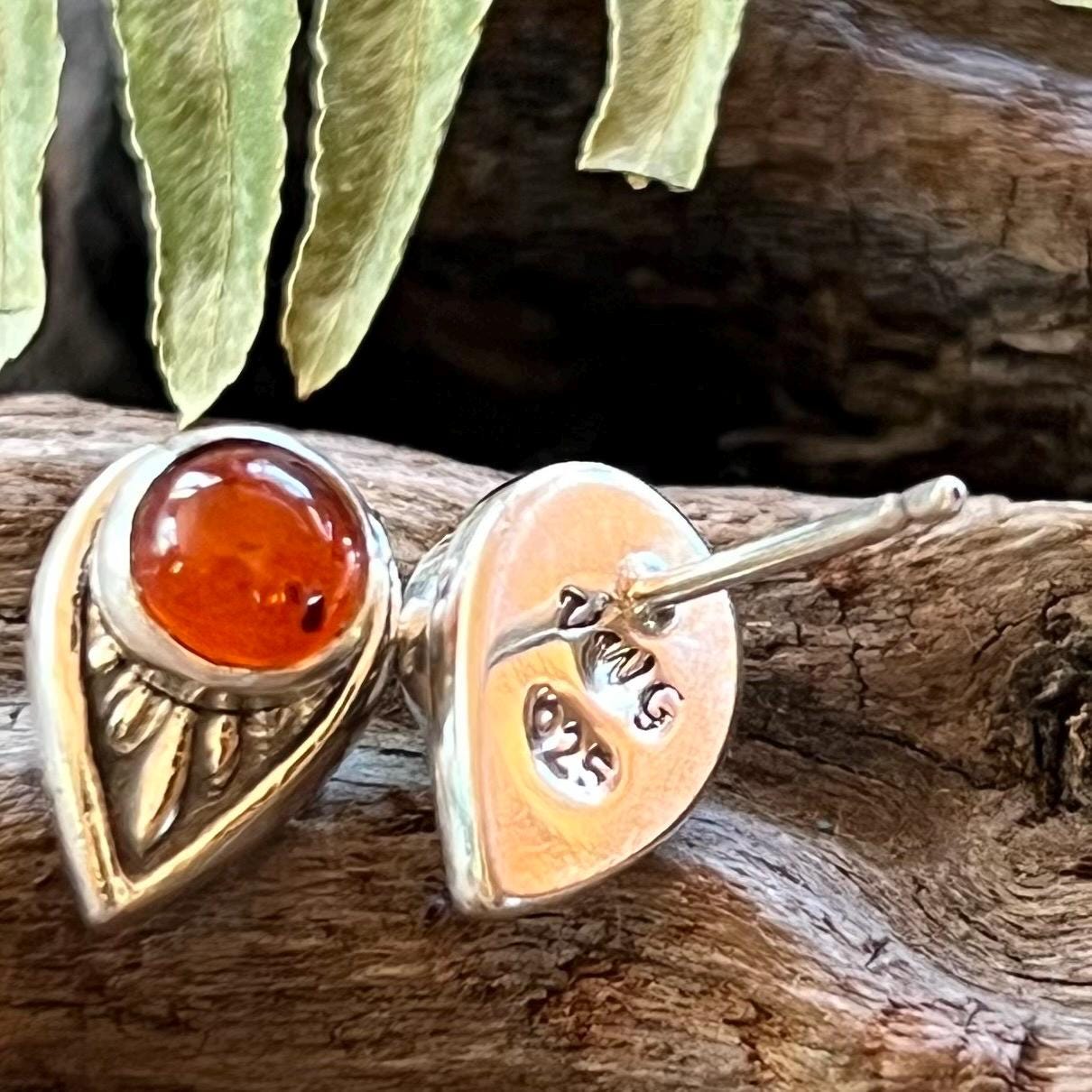 Amber Stud Earrings in Sterling Silver 925 Genuine Mexican Amber