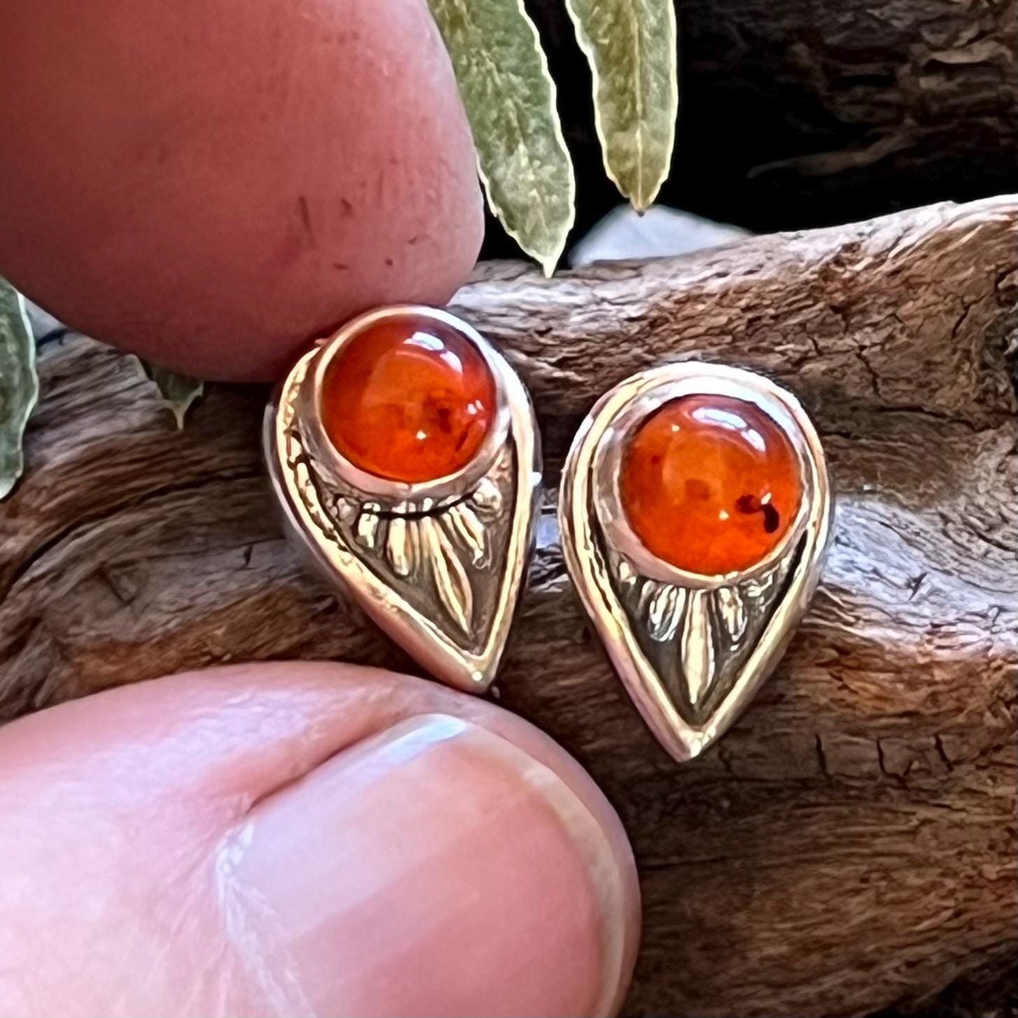 Amber Stud Earrings in Sterling Silver 925 Genuine Mexican Amber