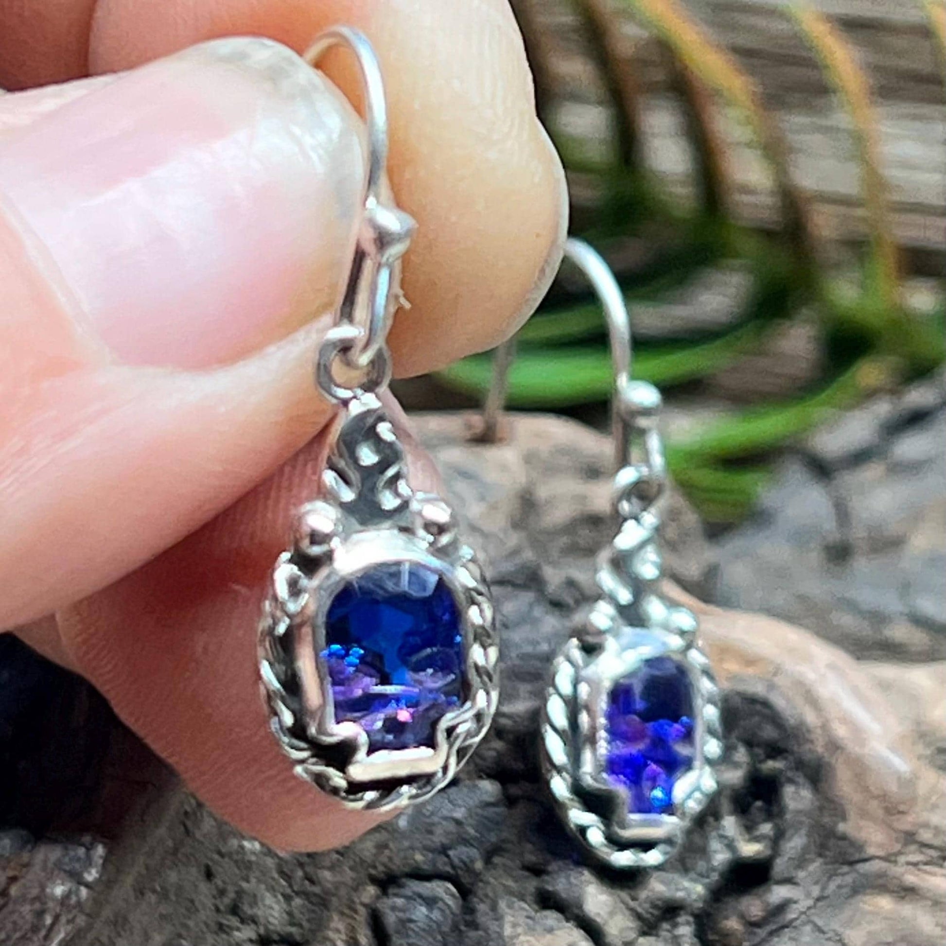 Swarovski Crystal Flaming Purple Skull Dangle Earrings Handmade Sterling Silver Gothic Jewelry