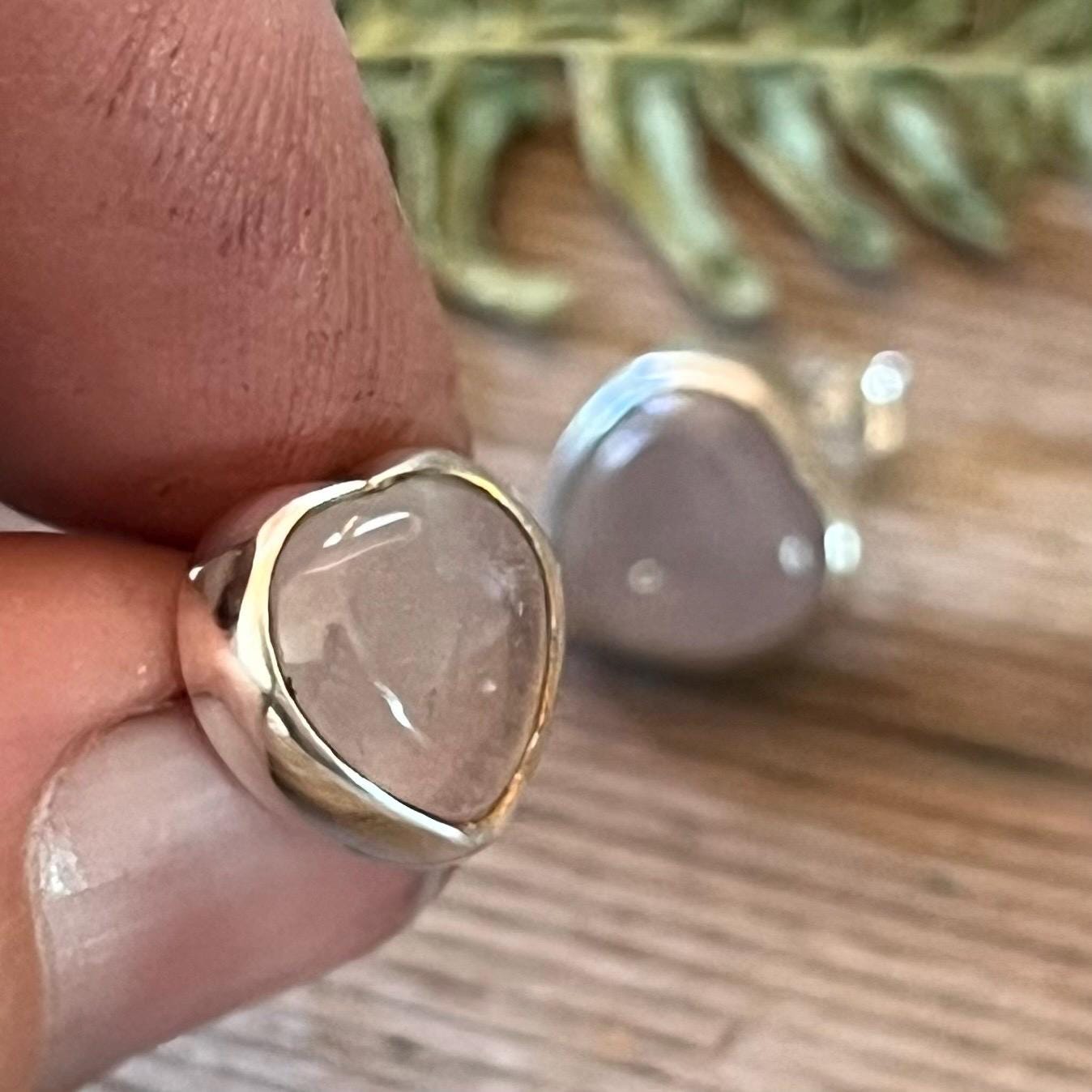 Rose Quartz Heart Stud Earrings Handmade Sterling Silver 925 Natural Pink Gemstone