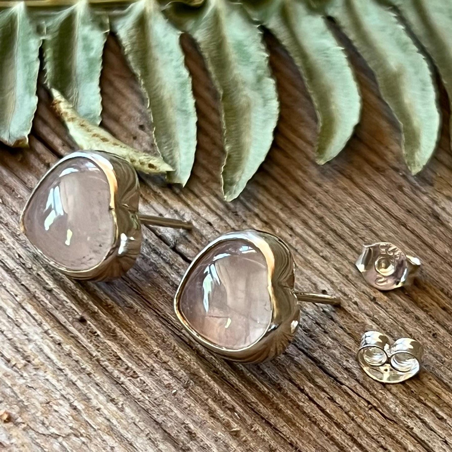 Rose Quartz Heart Stud Earrings Handmade Sterling Silver 925 Natural Pink Gemstone