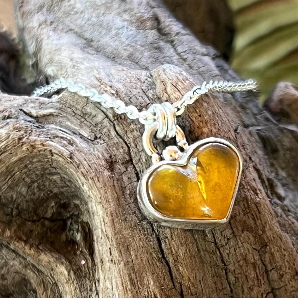 Amber Heart Pendant Necklace Sterling Silver 925 Handmade Pendant Chiapas Mexico