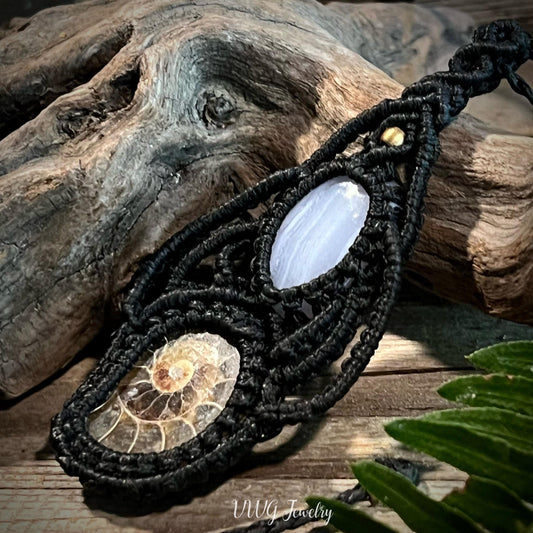 Ammonite Agate Macrame Necklace, Handmade Black Adjustable Fossil Pendant