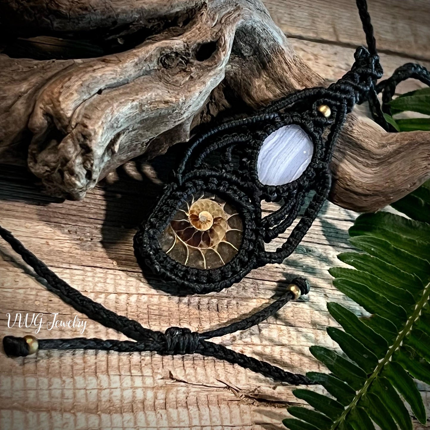 Ammonite Agate Macrame Necklace, Handmade Black Adjustable Fossil Pendant
