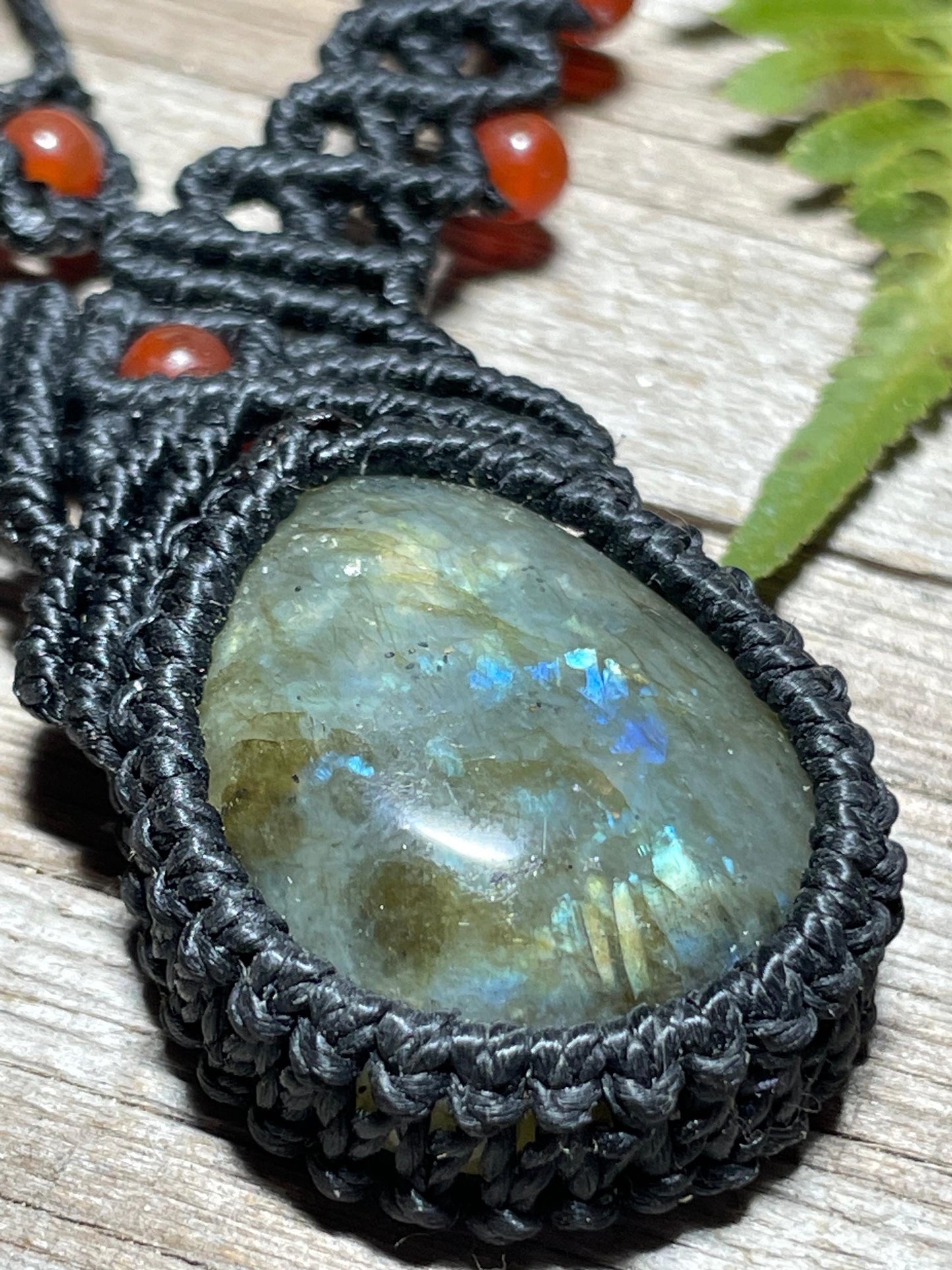 Labradorite & Carnelian Black Macrame Necklace Handmade Adjustable Boho Crystal