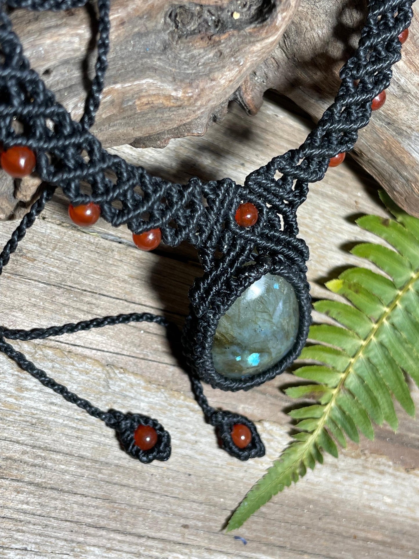 Labradorite & Carnelian Black Macrame Necklace Handmade Adjustable Boho Crystal