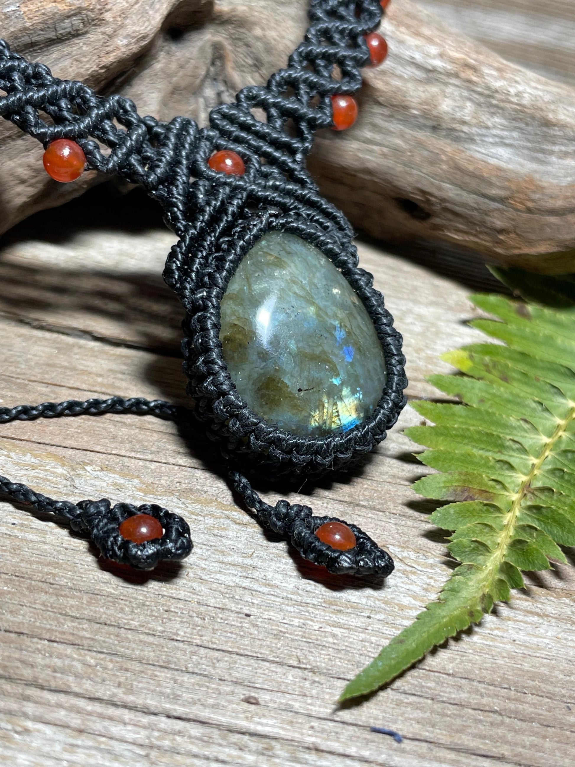 Labradorite & Carnelian Black Macrame Necklace Handmade Adjustable Boho Crystal