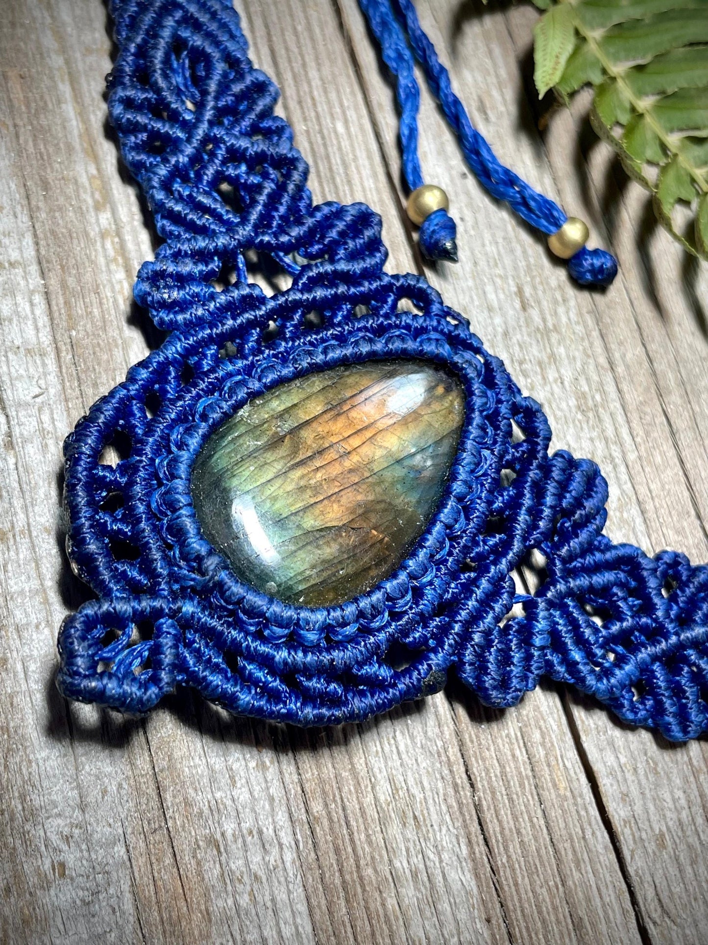 Labradorite in Blue Macrame Necklace Adjustable Flashy Crystal Necklace