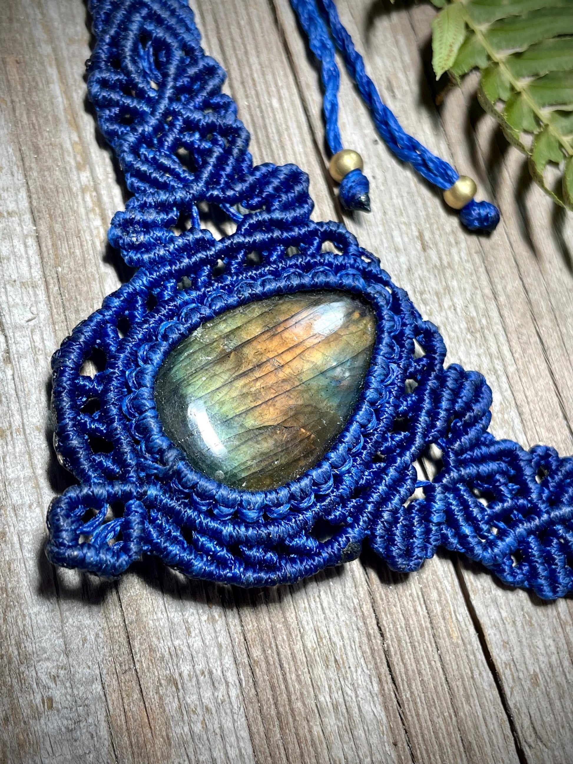 Labradorite in Blue Macrame Necklace Adjustable Flashy Crystal Necklace