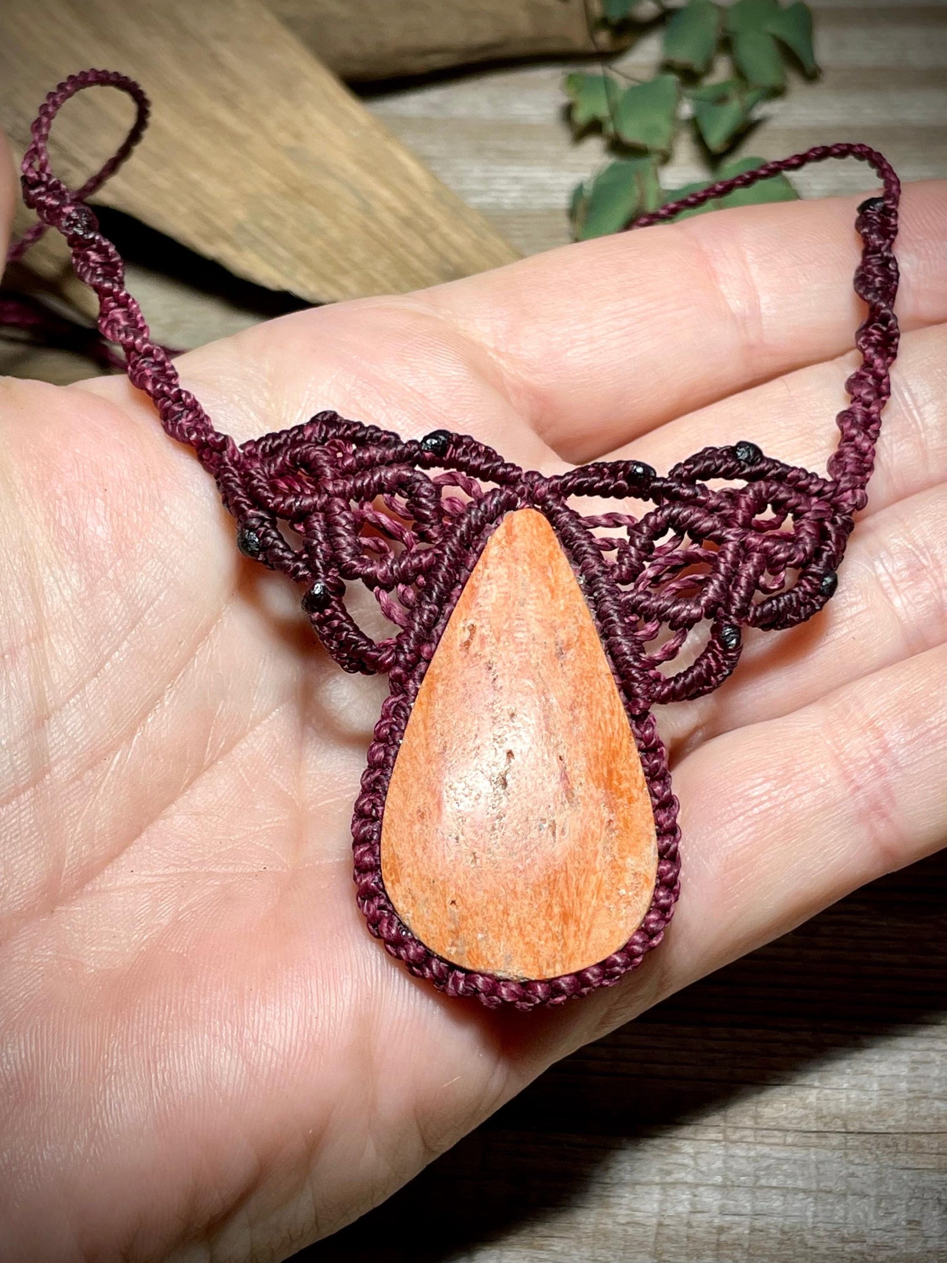Orange Drop in Red Macrame Necklace Handmade Boho Adjustable Gemstone Pendant
