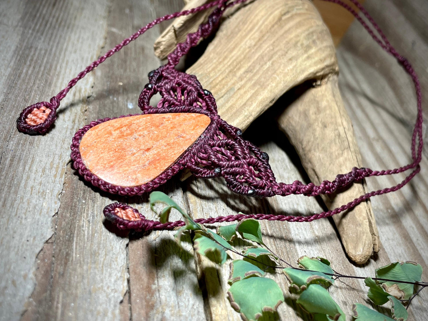 Orange Drop in Red Macrame Necklace Handmade Boho Adjustable Gemstone Pendant