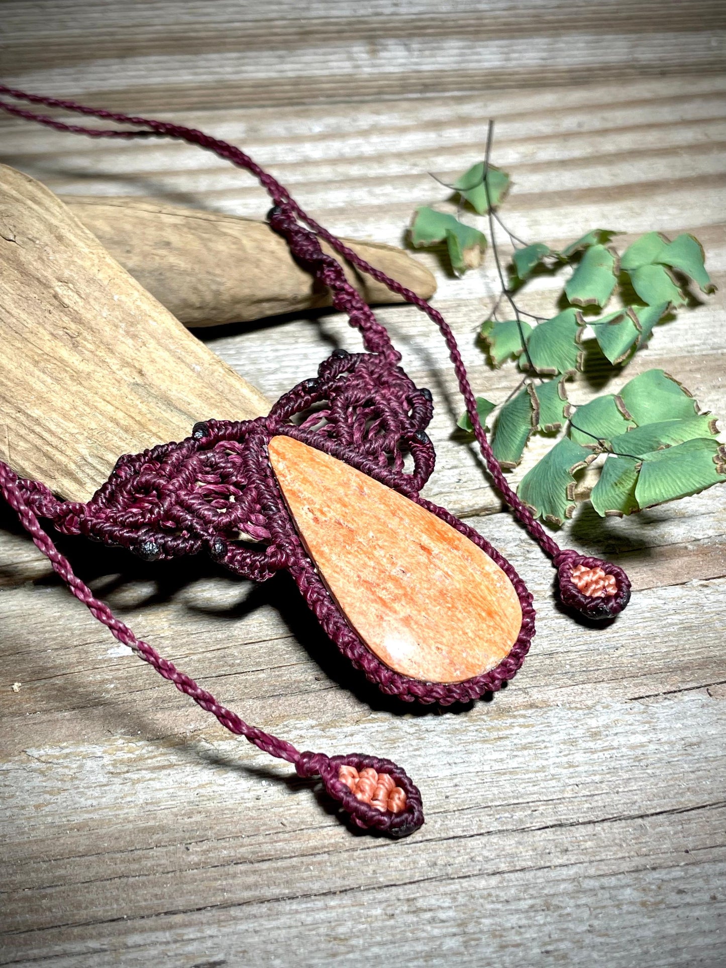 Orange Drop in Red Macrame Necklace Handmade Boho Adjustable Gemstone Pendant