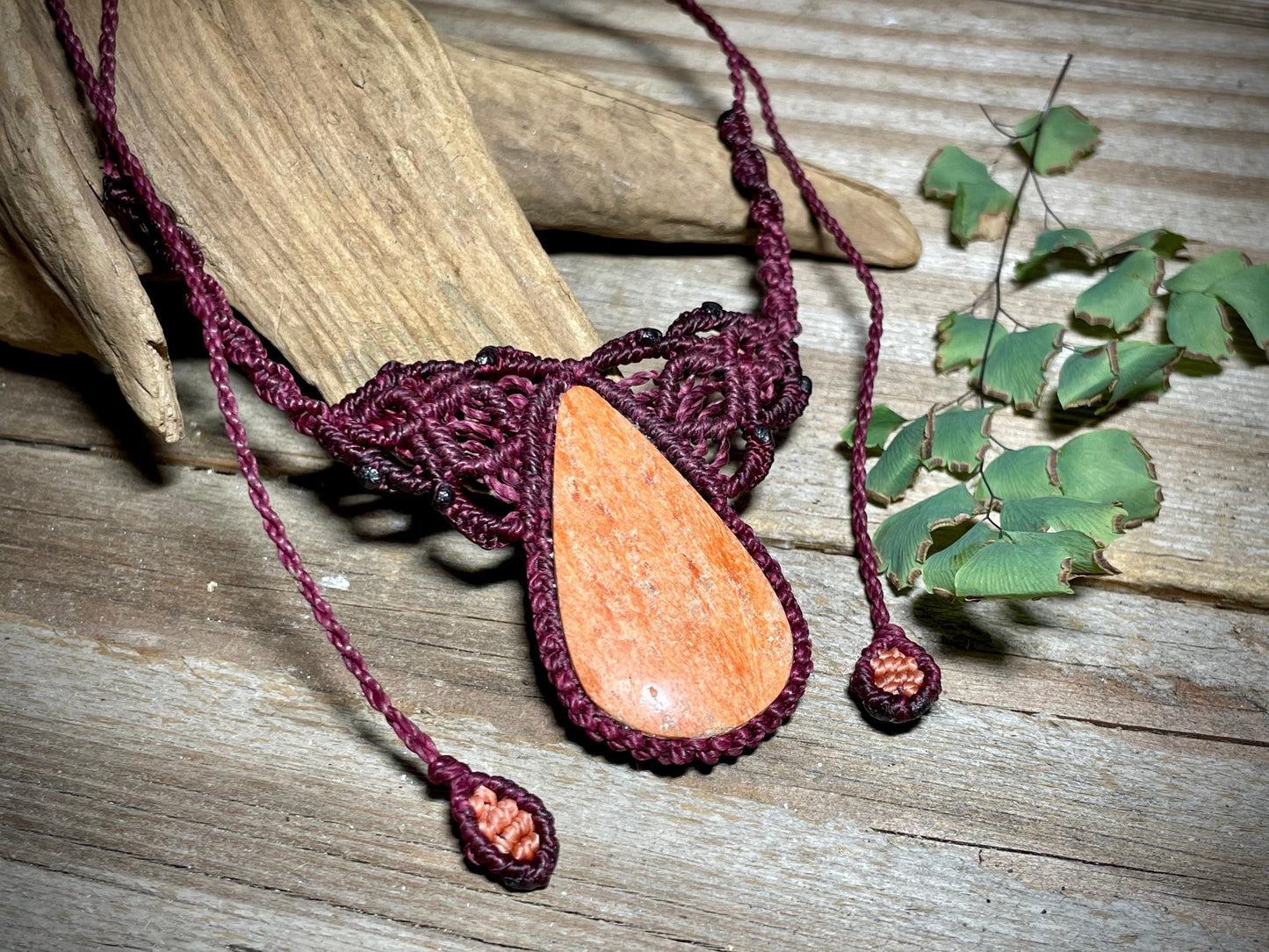 Orange Drop in Red Macrame Necklace Handmade Boho Adjustable Gemstone Pendant