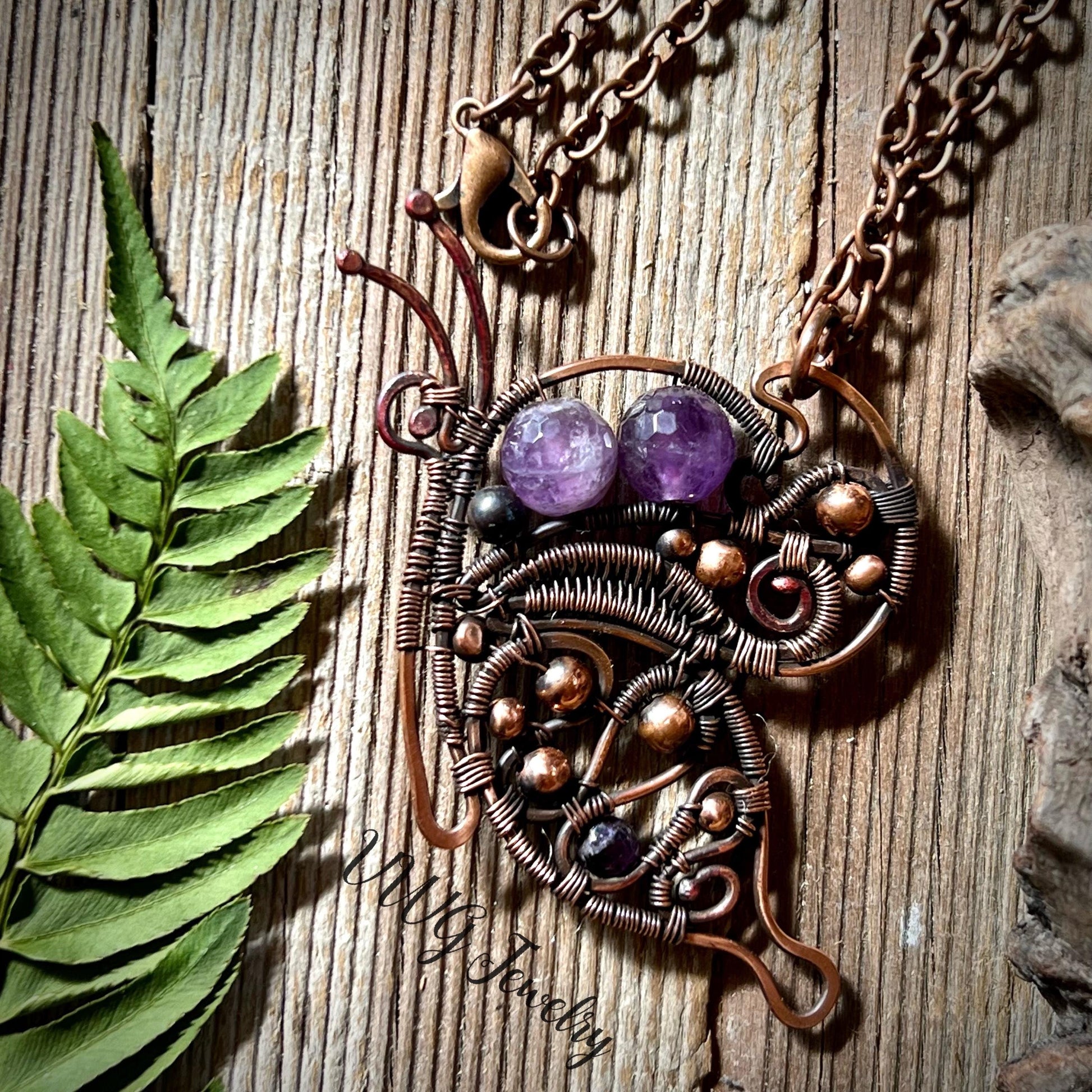 Amethyst Butterfly Wire Wrapped Copper Pendant Purple Crystal February Birthstone Necklace