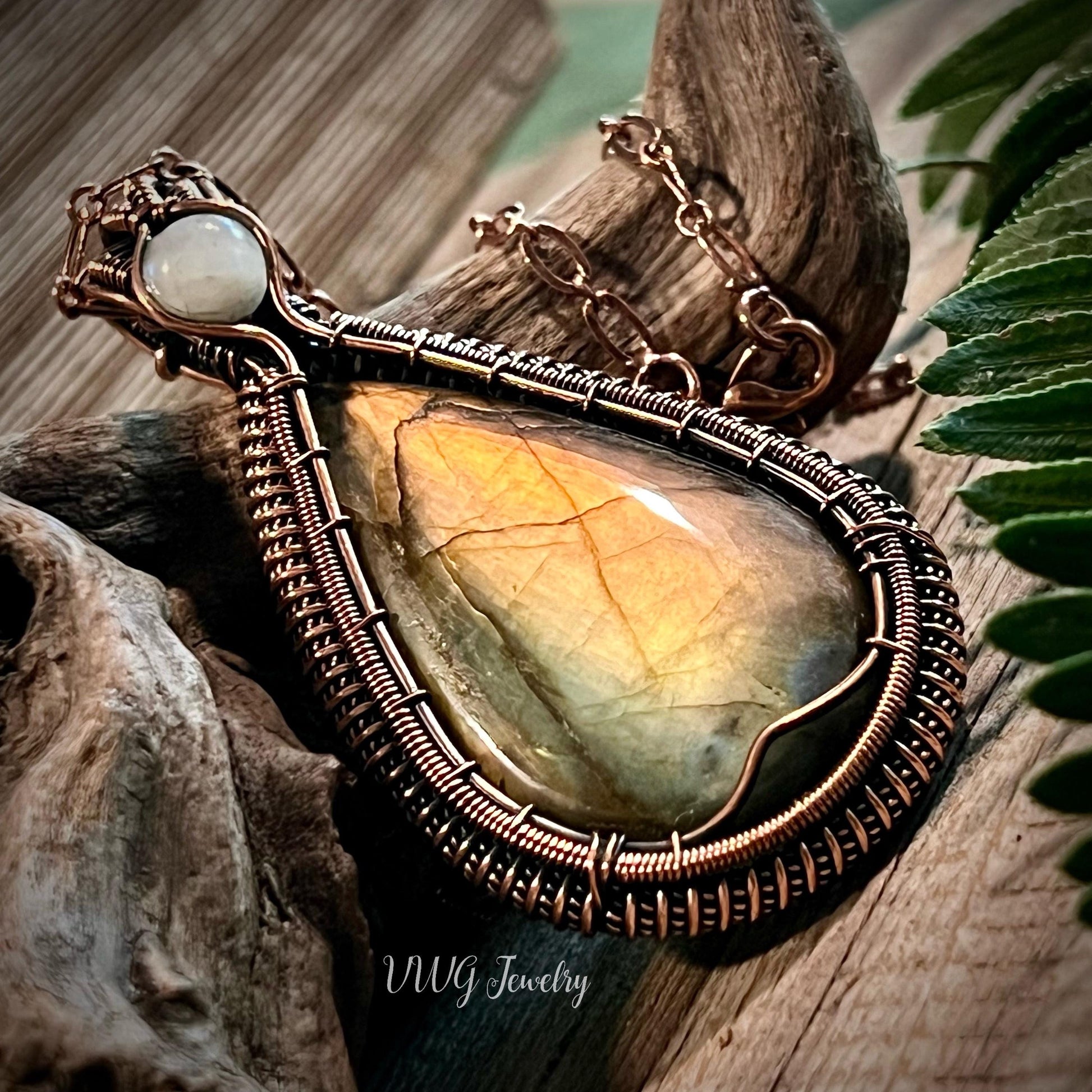 Large Labradorite & Moonstone Copper Wire Wrapped Pendant