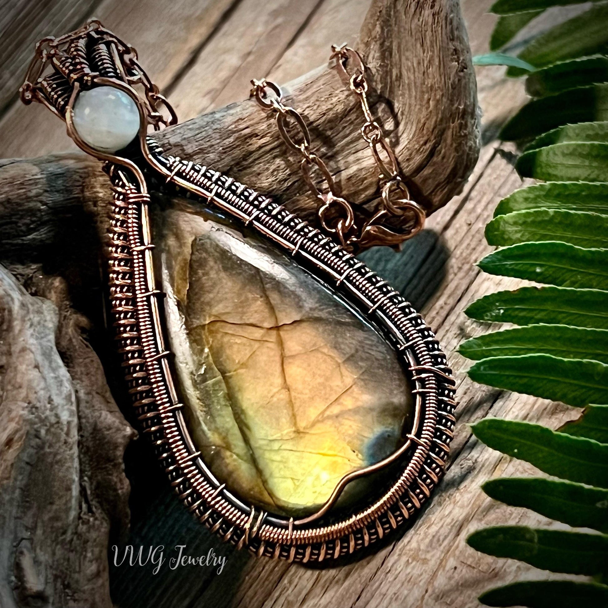 Large Labradorite & Moonstone Copper Wire Wrapped Pendant