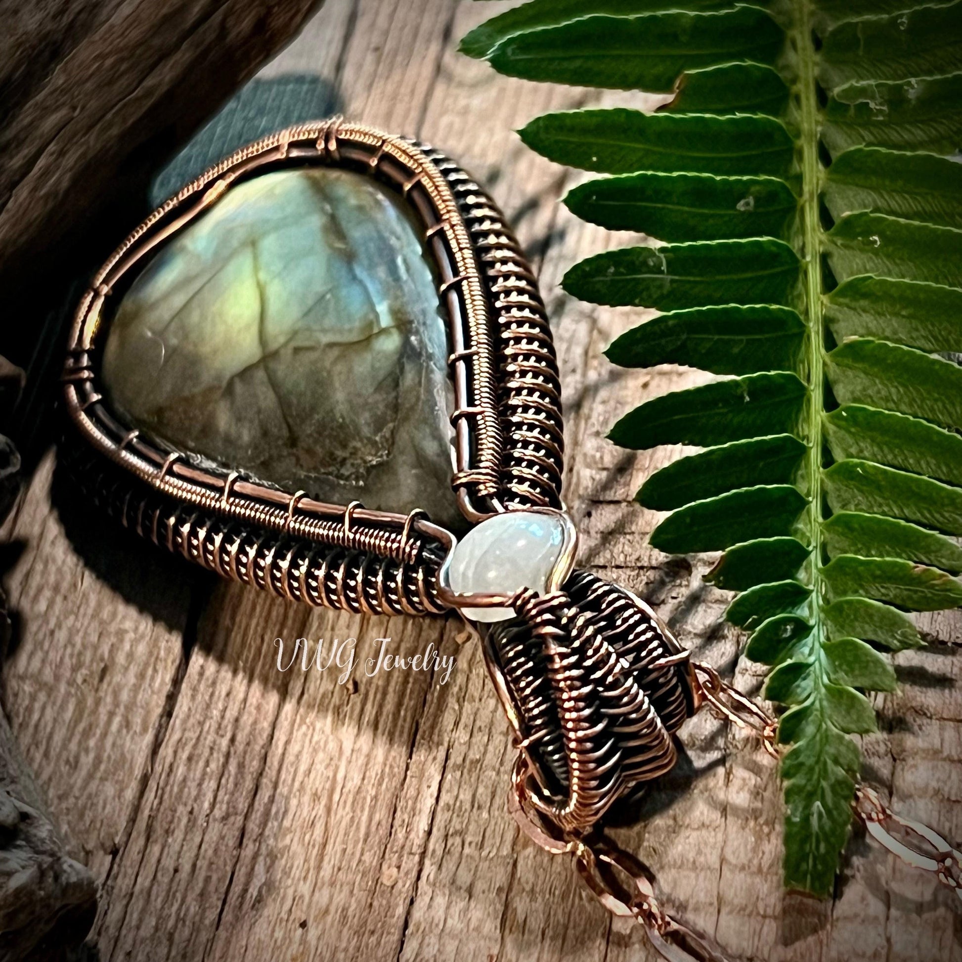 Large Labradorite & Moonstone Copper Wire Wrapped Pendant