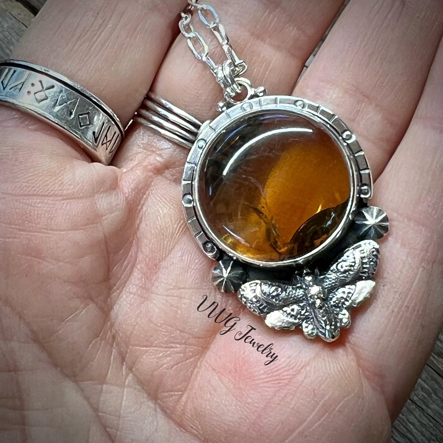 Death’s Head Hawk Moth Amber Necklace Handmade 925 Sterling Silver Gothic Pendant