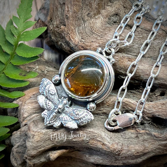 Death’s Head Hawk Moth Sm Amber Necklace Handmade 925 Sterling Silver Gothic Pendant