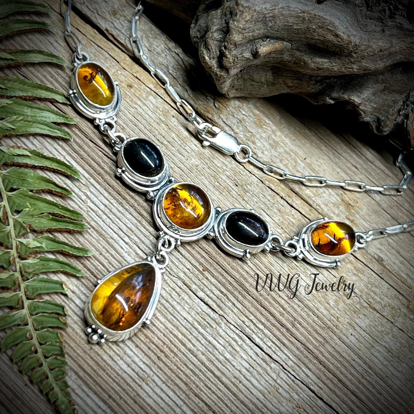 Amber Array Natural Chiapas Sterling Silver Necklace Handmade 925 Mexican Amber Statement Necklace