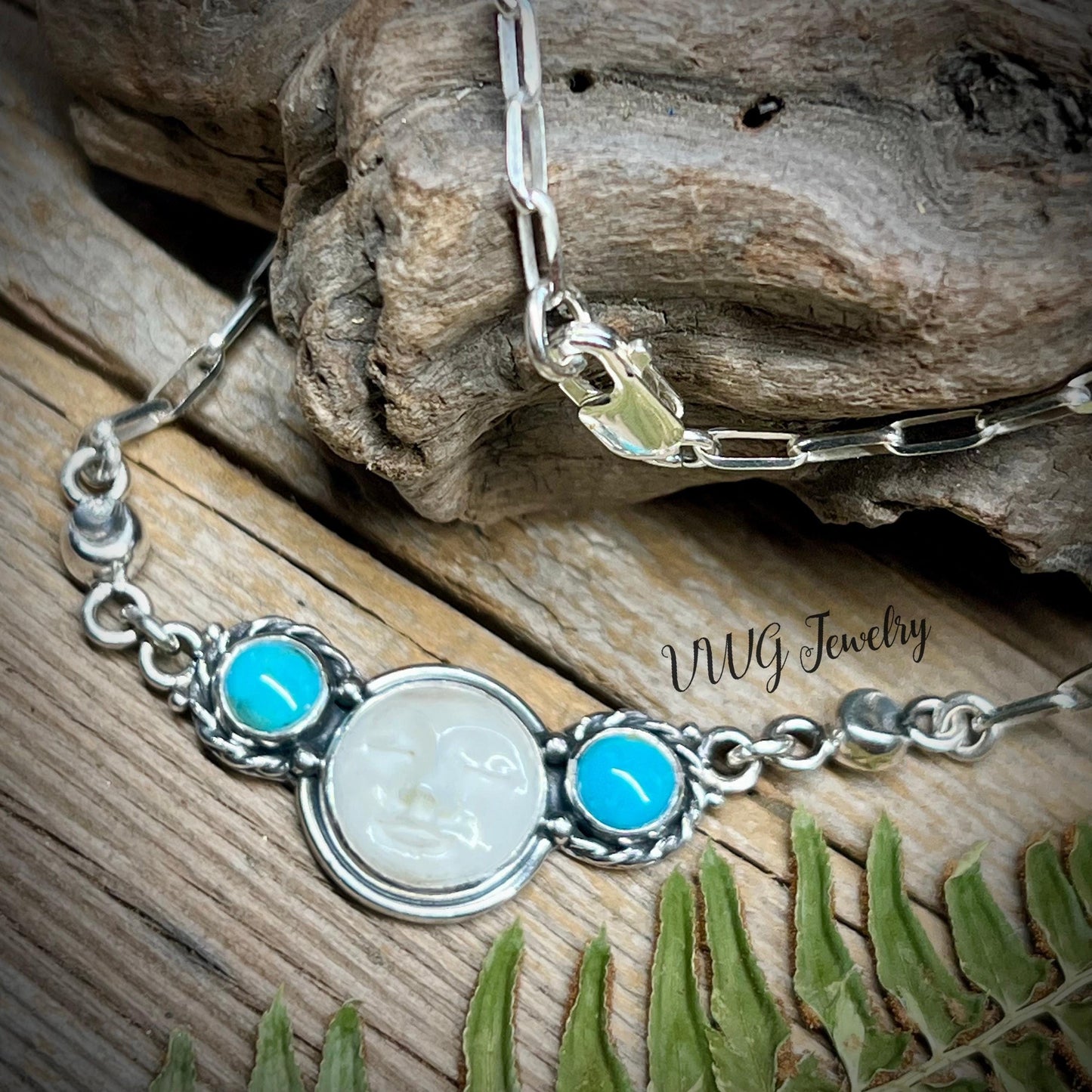 Turquoise Sky & Moon Sterling Silver Necklace Handmade 925 Silver Natural Celestial Jewelry