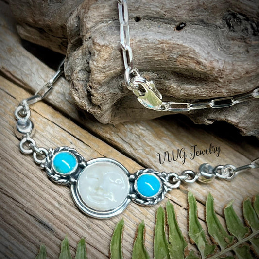 Turquoise Sky & Moon Sterling Silver Necklace Handmade 925 Silver Natural Celestial Jewelry