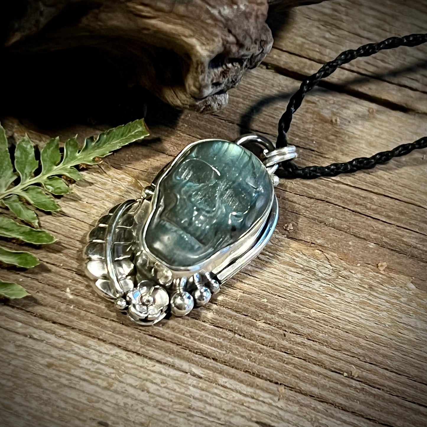 La Catrina Sugar Skull Labradorite Sterling Silver Necklace Handmade Día de los Muertos 925 Pendant