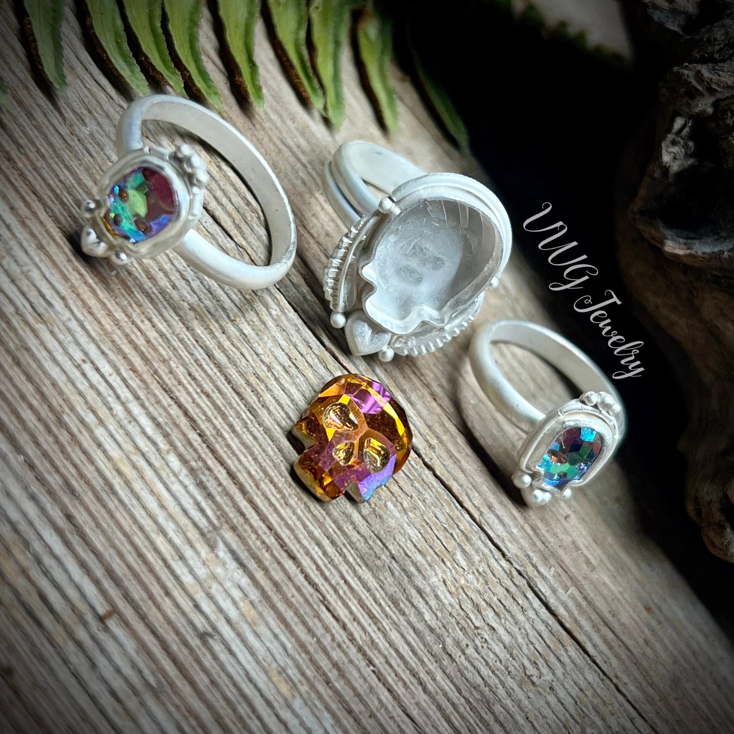 Swarovski Skull Crystal Ring Rainbow Aurora Size 5.5 Handmade Sterling Silver 925 Gothic Skull Ring