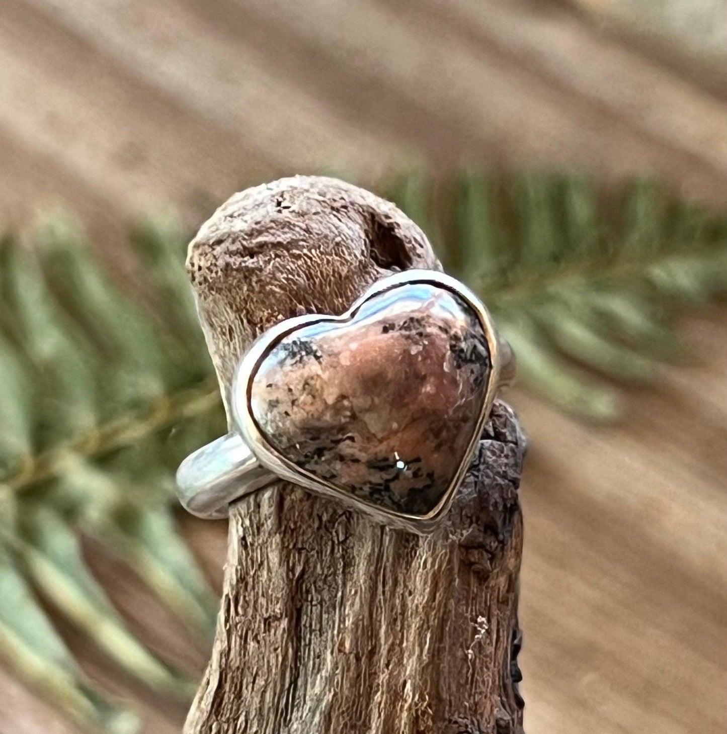 Heart Gemstone Ring Sterling Silver 925 Handmade Amber Jade or Rhodochrosite Romantic Jewelry