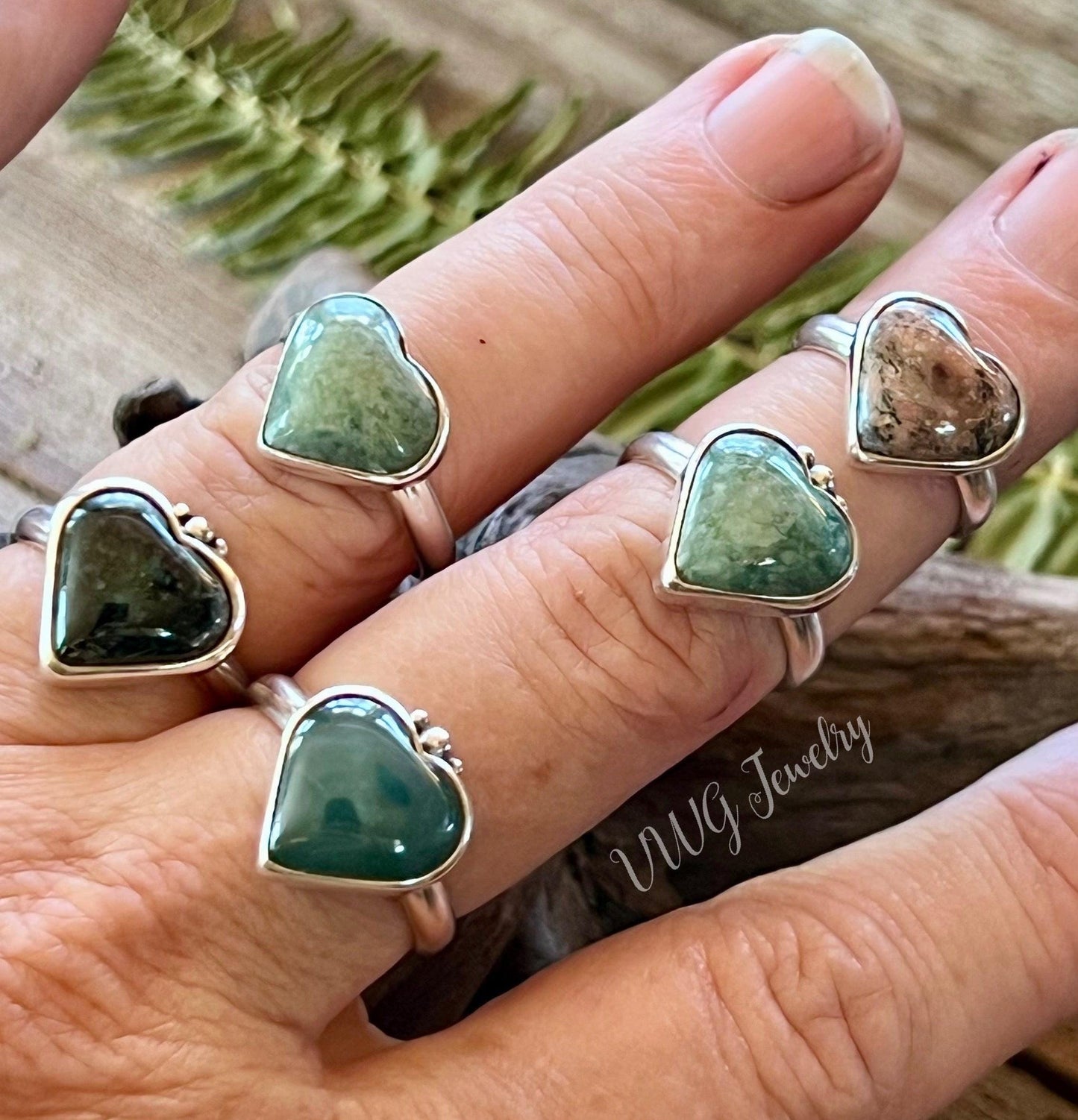 Heart Gemstone Ring Sterling Silver 925 Handmade Amber Jade or Rhodochrosite Romantic Jewelry