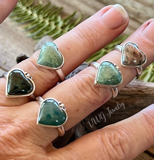 Heart Gemstone Ring Sterling Silver 925 Handmade Amber Jade or Rhodochrosite Romantic Jewelry