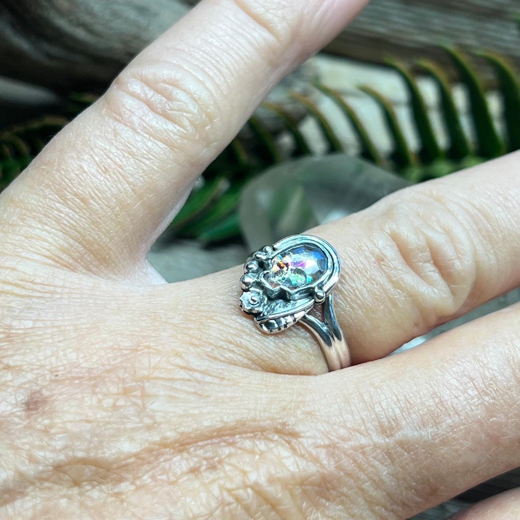 Swarovski Skull Crystal Ring Rainbow Aurora Size 5.5 Handmade Sterling Silver 925 Gothic Skull Ring