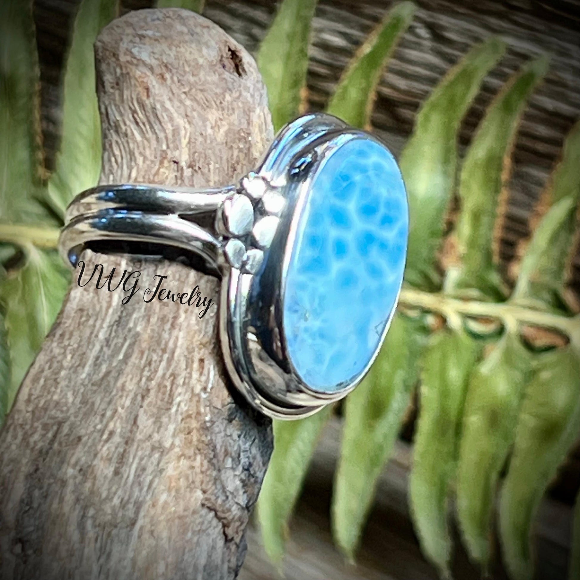Natural Larimar Sterling Silver Ring Size 7 | Handmade 925 Silver Atlantis Stone Ring | Dominican Republic Larimar Jewelry