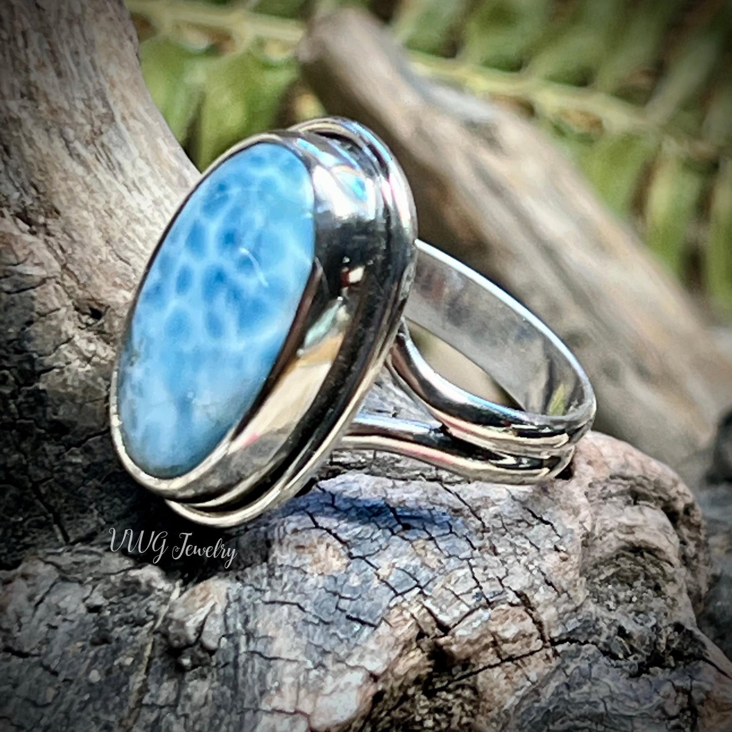 Natural Larimar Sterling Silver Ring Size 7 | Handmade 925 Silver Atlantis Stone Ring | Dominican Republic Larimar Jewelry