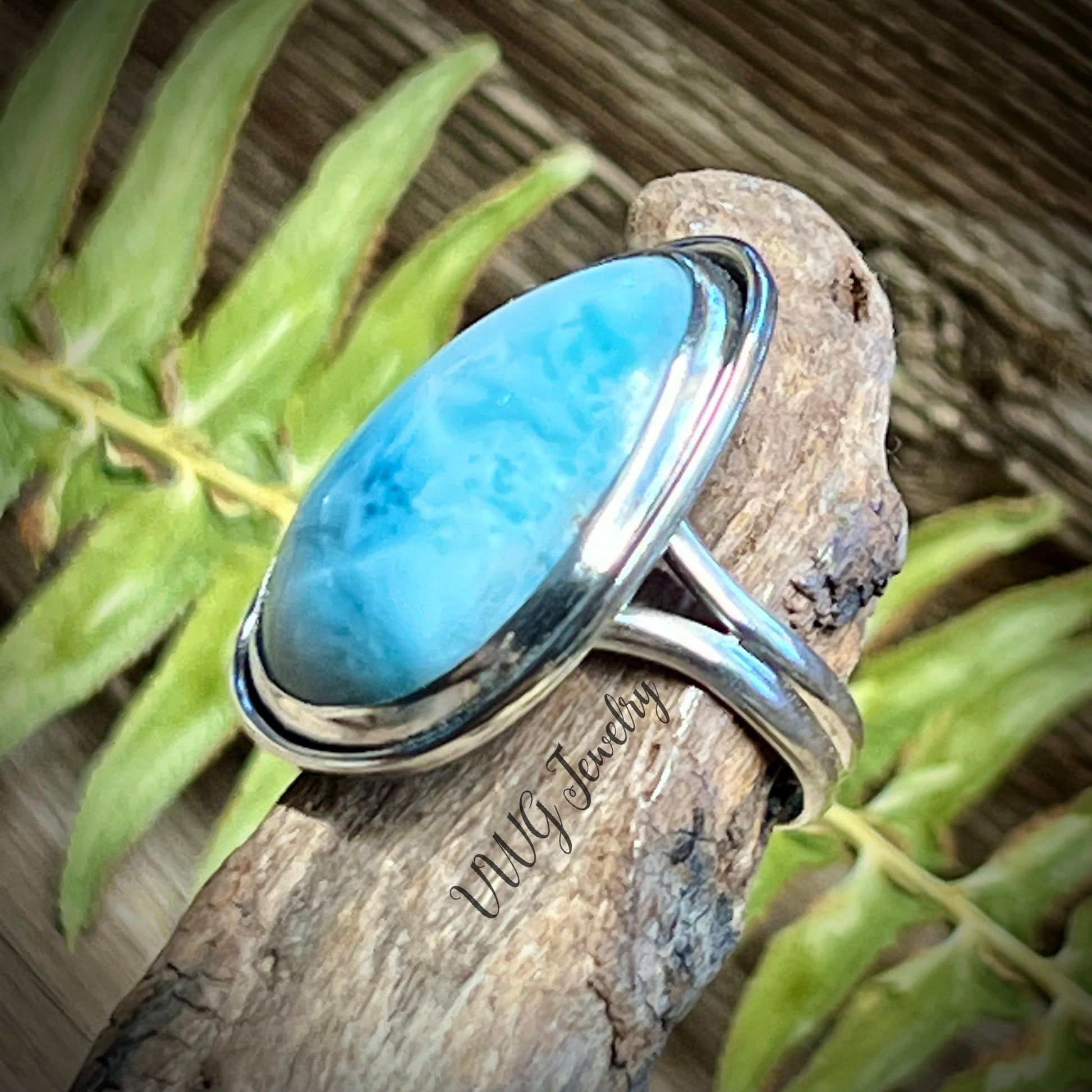 Larimar Sterling Silver Ring Size 8 Handmade 925 Atlantis Stone Blue Natural Gemstone Jewelry