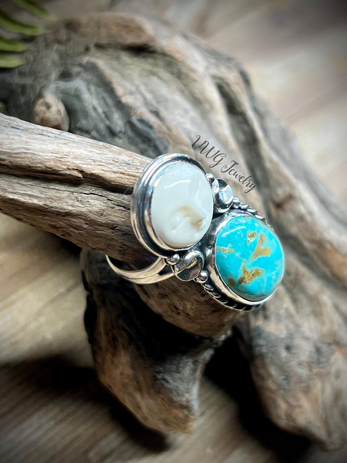 Moon & Kingman Turquoise Sterling Silver Ring Size 8 925 Hand Carved Bone Moon