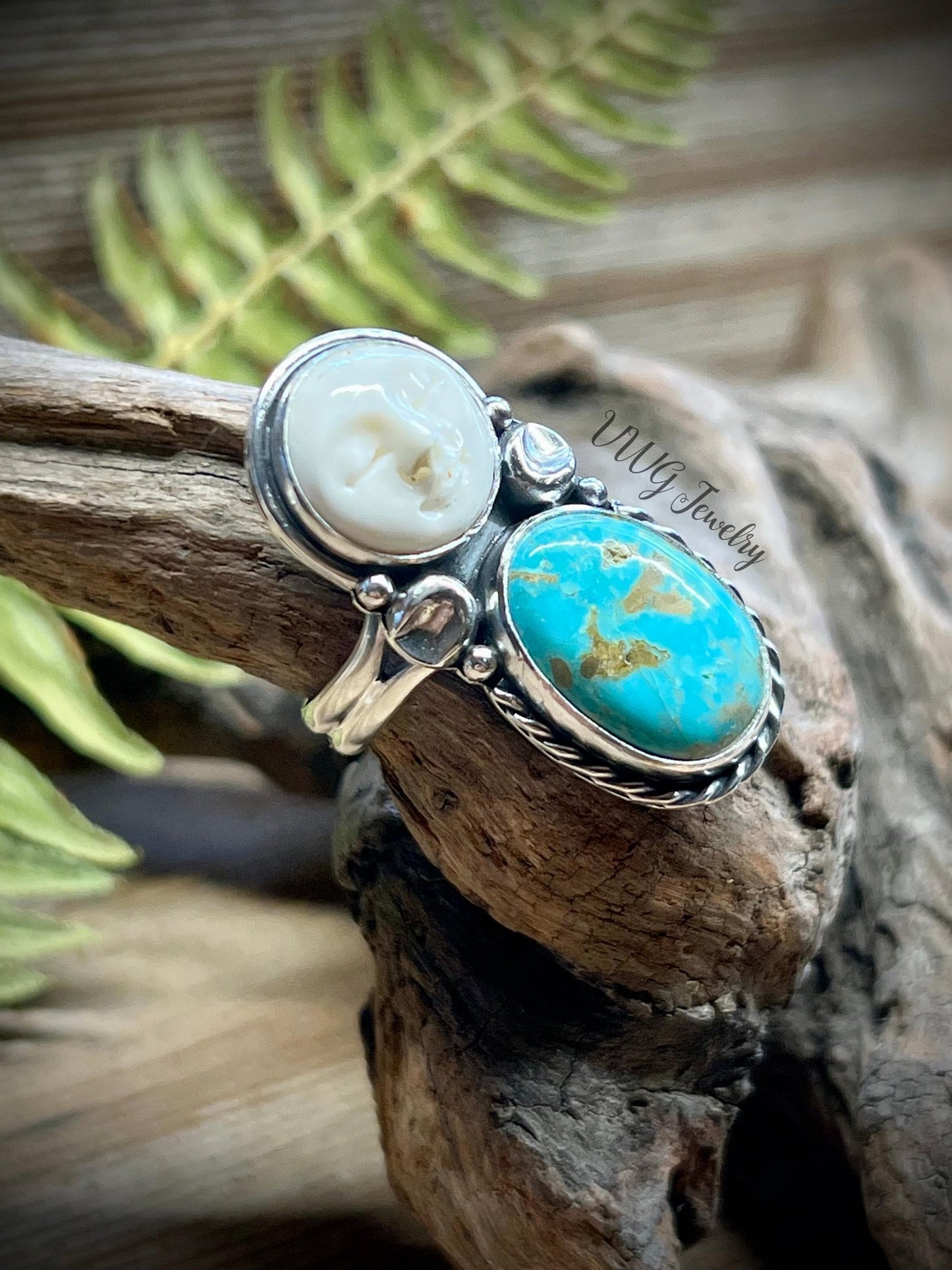 Moon & Kingman Turquoise Sterling Silver Ring Size 8 925 Hand Carved Bone Moon