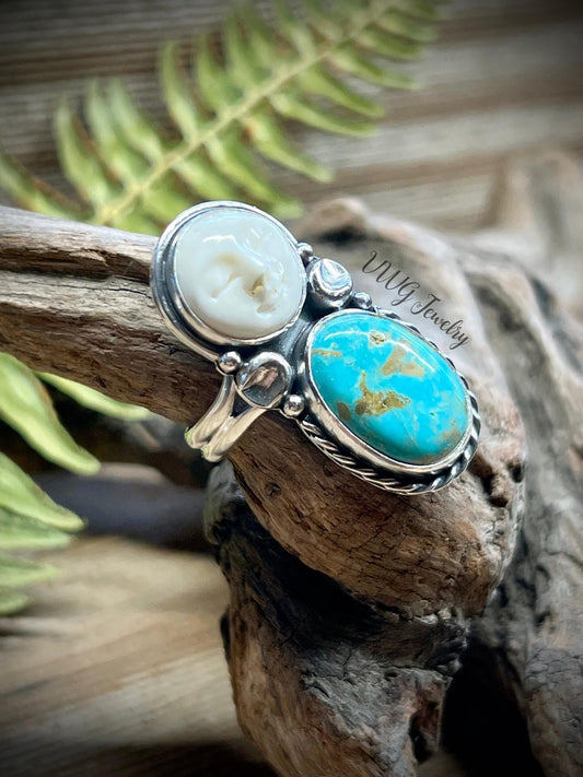 Moon & Kingman Turquoise Sterling Silver Ring Size 8 925 Hand Carved Bone Moon