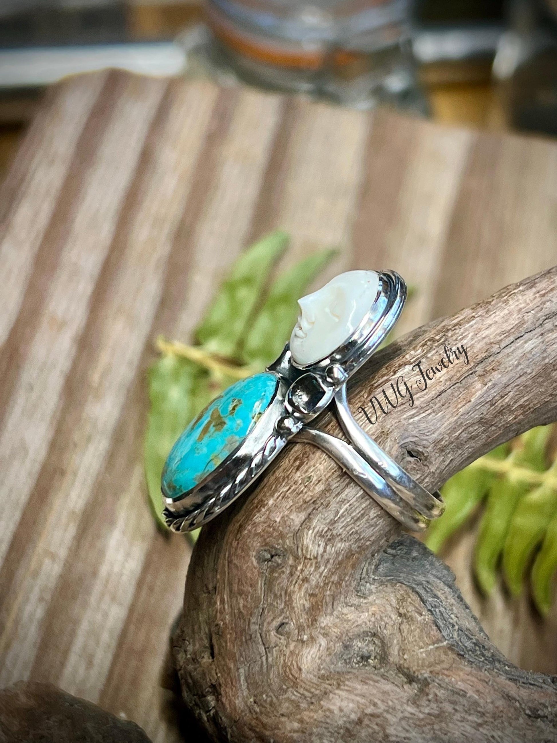 Moon & Kingman Turquoise Sterling Silver Ring Size 8 925 Hand Carved Bone Moon